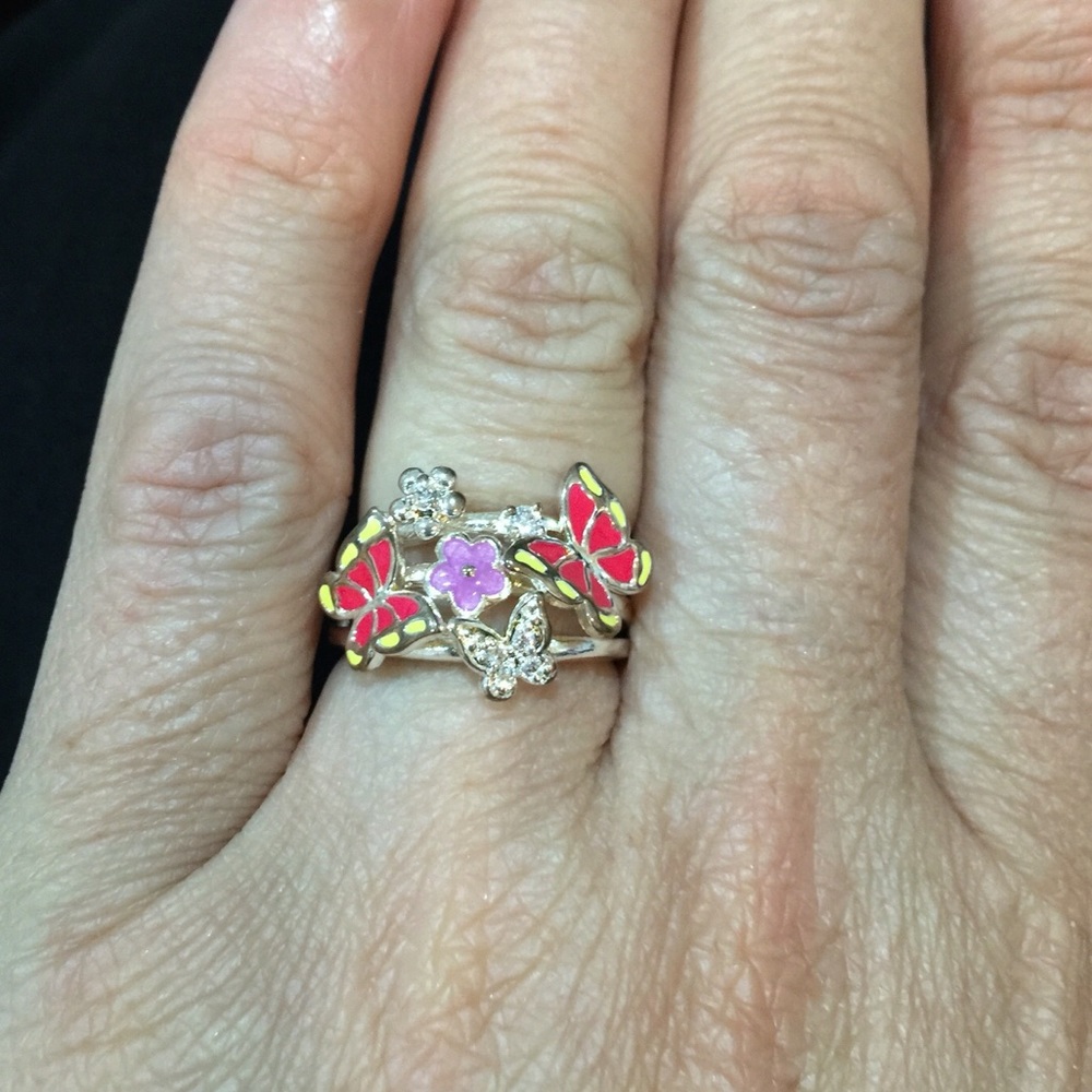 Butterfly‎ Ring Enamel Rhinestone Silver Tone
